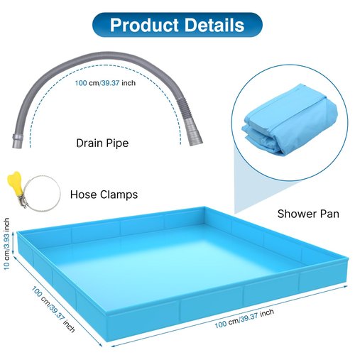 ANTEQI Portable Shower Pan, Foldable Camping Shower Base with Detachable Drain Pipe, 40" x 40" x 4" Outdoor Shower Floor for Beach, RV, Indoor Shower Stall