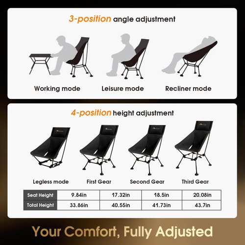 MOON LENCE Oversized High Back Camping Chair for Adults, Height Adjustable Folding Chair with 400 lbs Capacity, Hidden Pillow Pocket and Wide Seat for Camping, Base Camp, Fishing, Overlanding, Black