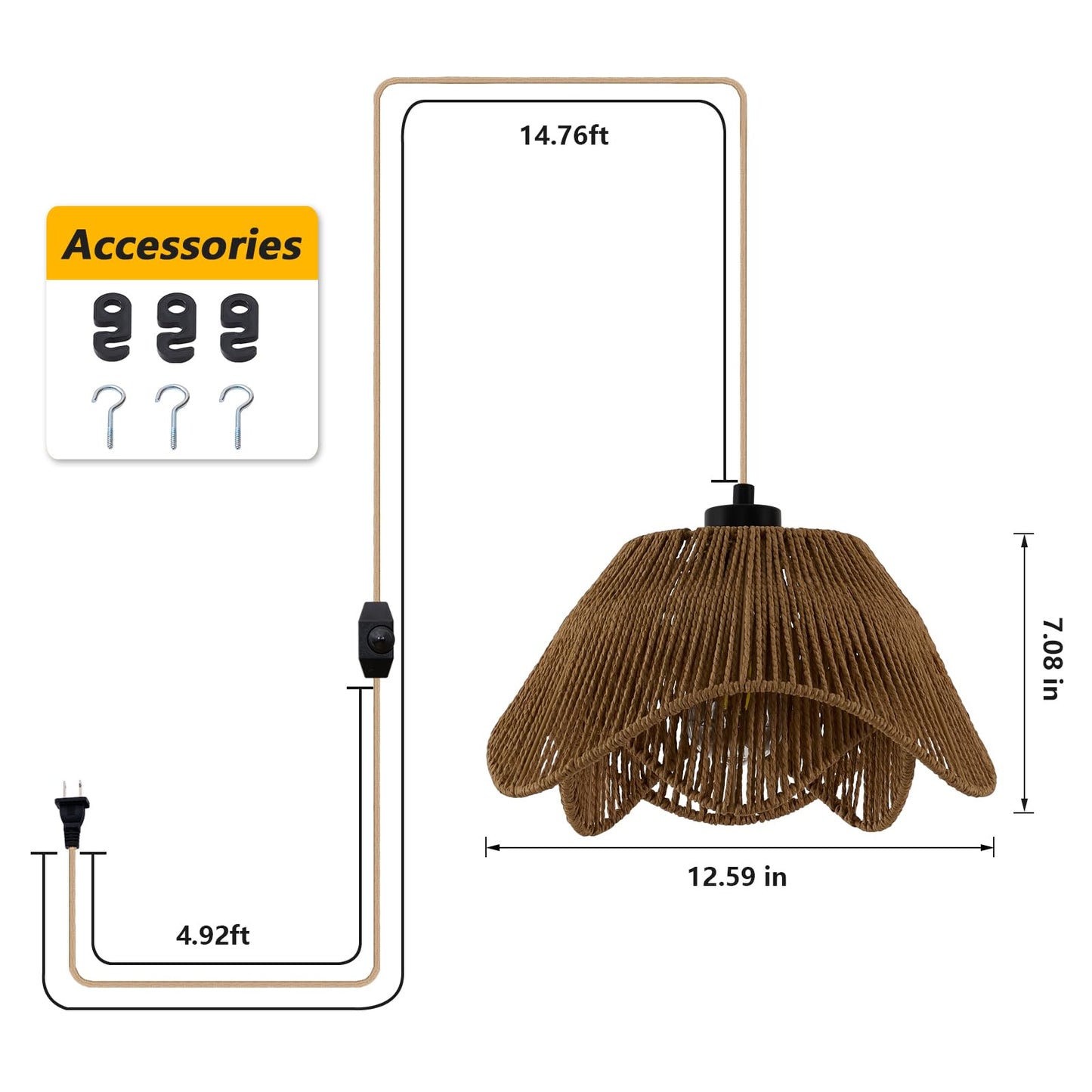 ZSDHXi Plug in Pendant Light, Boho Rattan Hanging Lights with Plug in Cord,Rustic Hand Woven Wicker Hanging Lamp with On/Off Switch, Adjustable Plug in Ceiling Light for Kitchen Bedroom Living Room