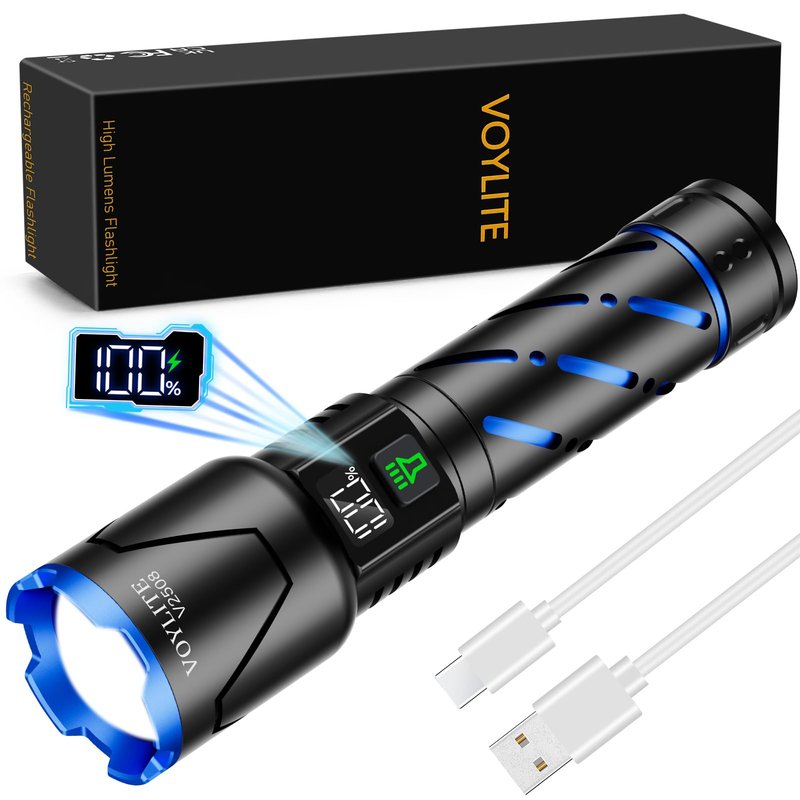 Voylite Rechargeable Flashlights High Lumens - 100000 LM, 5000mAh Battery with LCD Display, 3 Modes, Zoomable & IP67 Waterproof - for Camping, Dog Walking, Emergencies