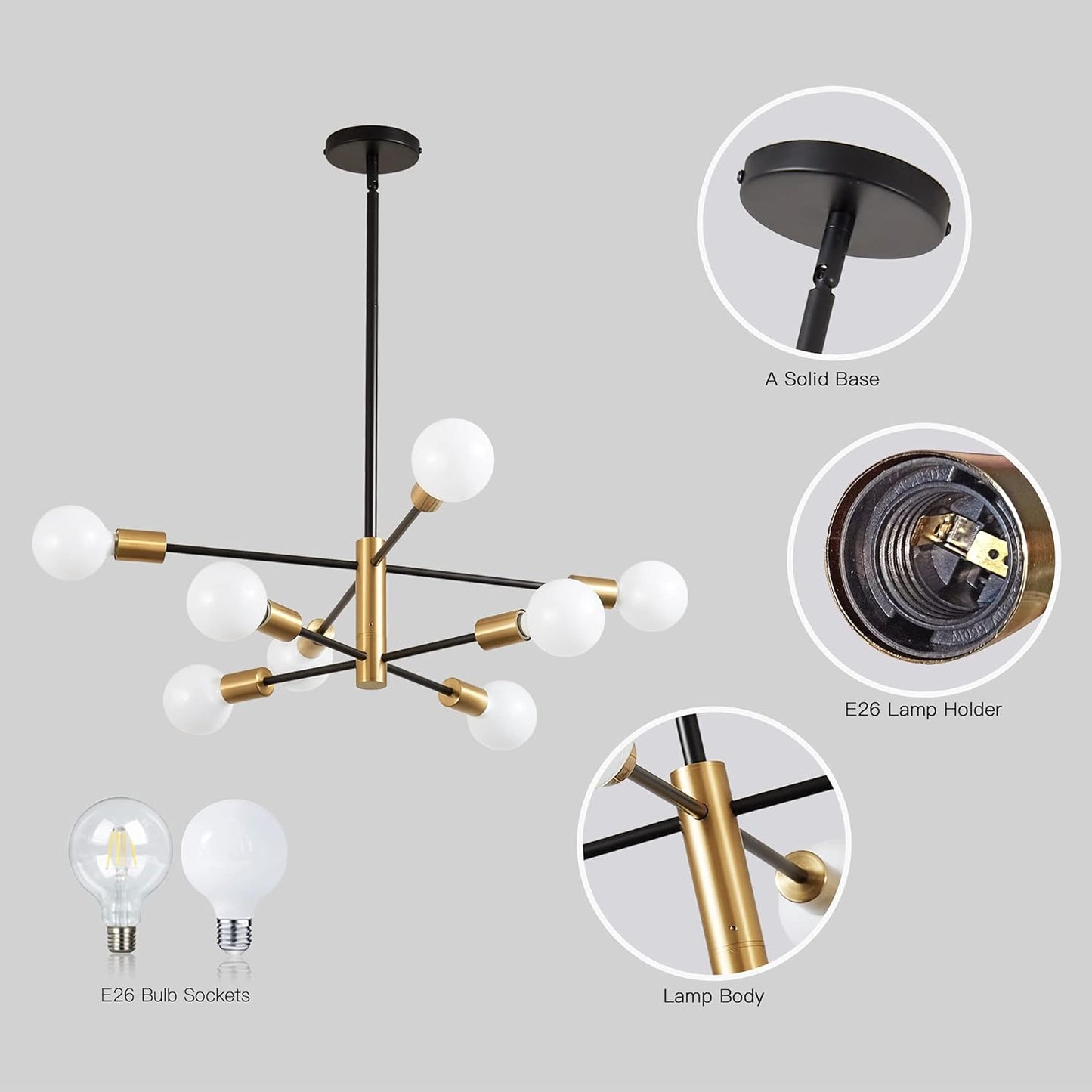 8-Light Gold Sputnik Chandelier - Modern Adjustable Ceiling Light for Dining Room, Kitchen & Foyer