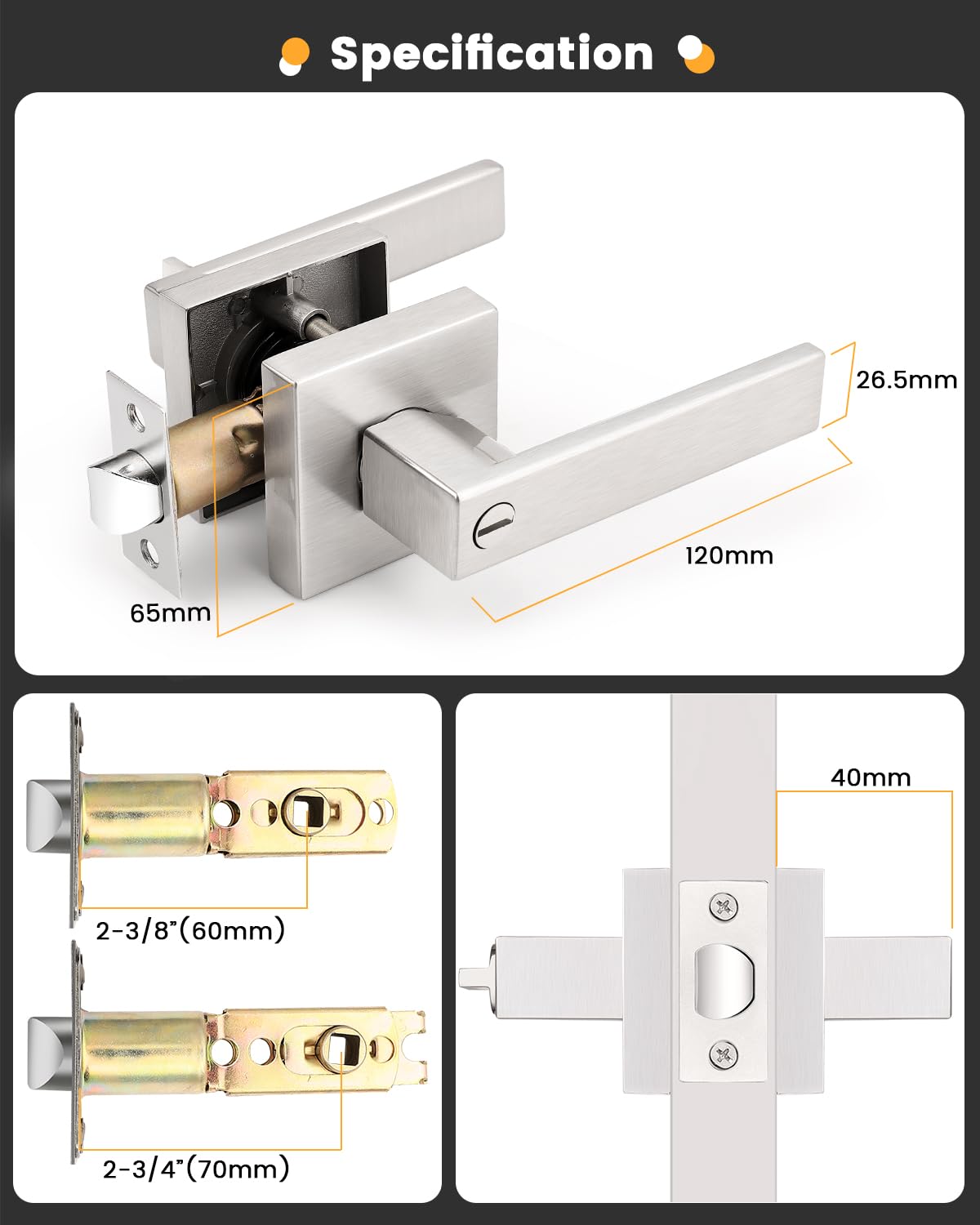 Gobrico Square 3 Pack Satin Nickel Privacy Door Locksets,Square Interior Door Levers for Bed/Bath,Thumb-Turn Button Inside
