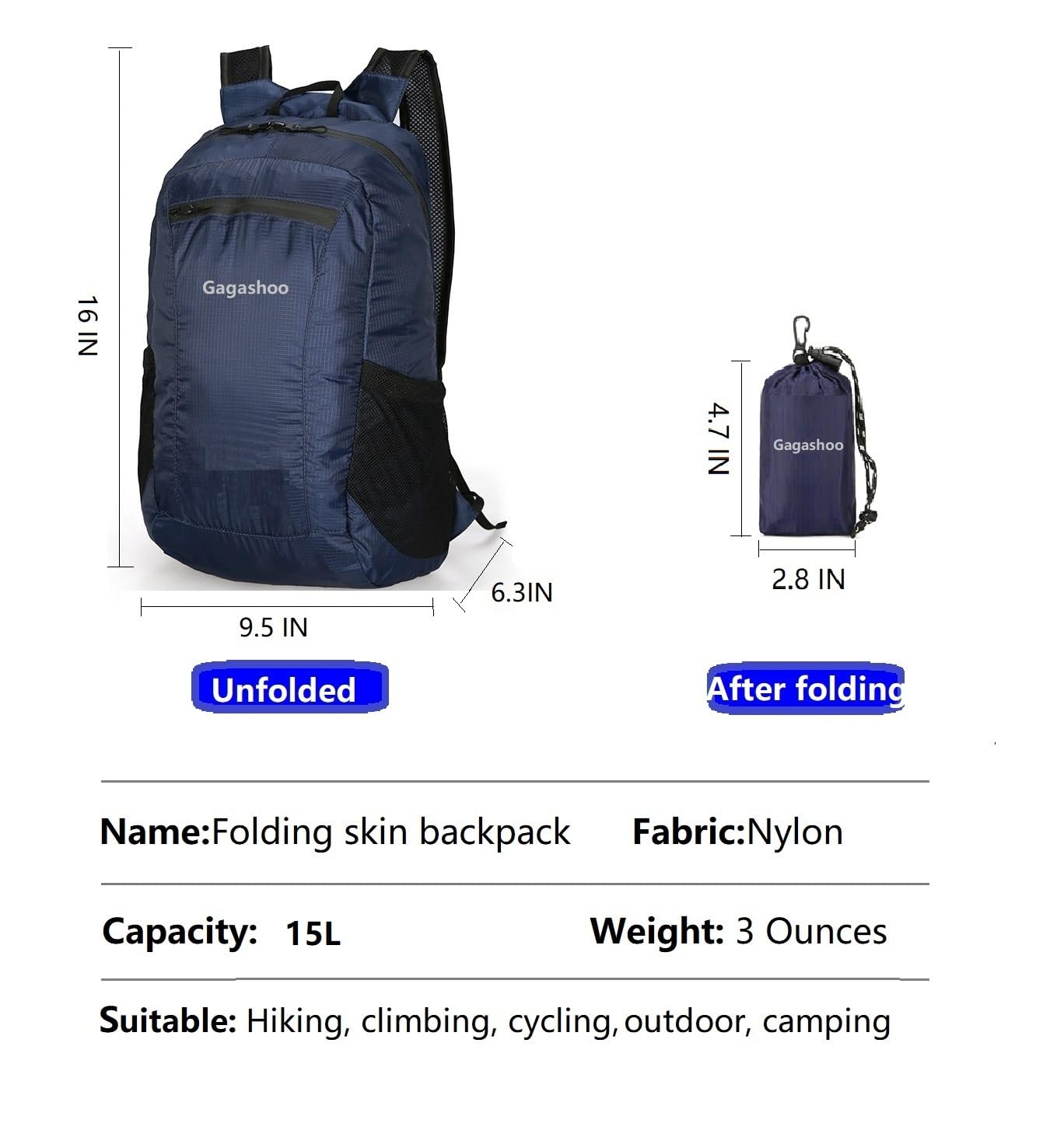 Gagashoo Ultra Foldable Hiking Daypack，Packable Backpack Travel, Dark Blue