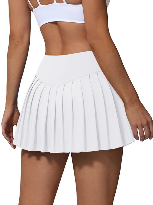 AugIris High Waited Pleated Tennis Skirt with Pockets Built-in Shorts Athletic Golf Skorts for Women Workout Sports White M