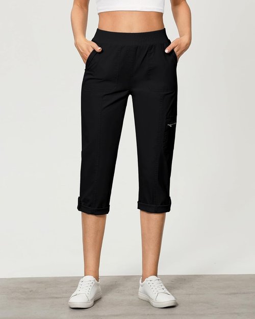 GRAPENT Capri Cargo Pants - High Waisted, Stretch Twill with Pockets - Comfortable & Stylish Design