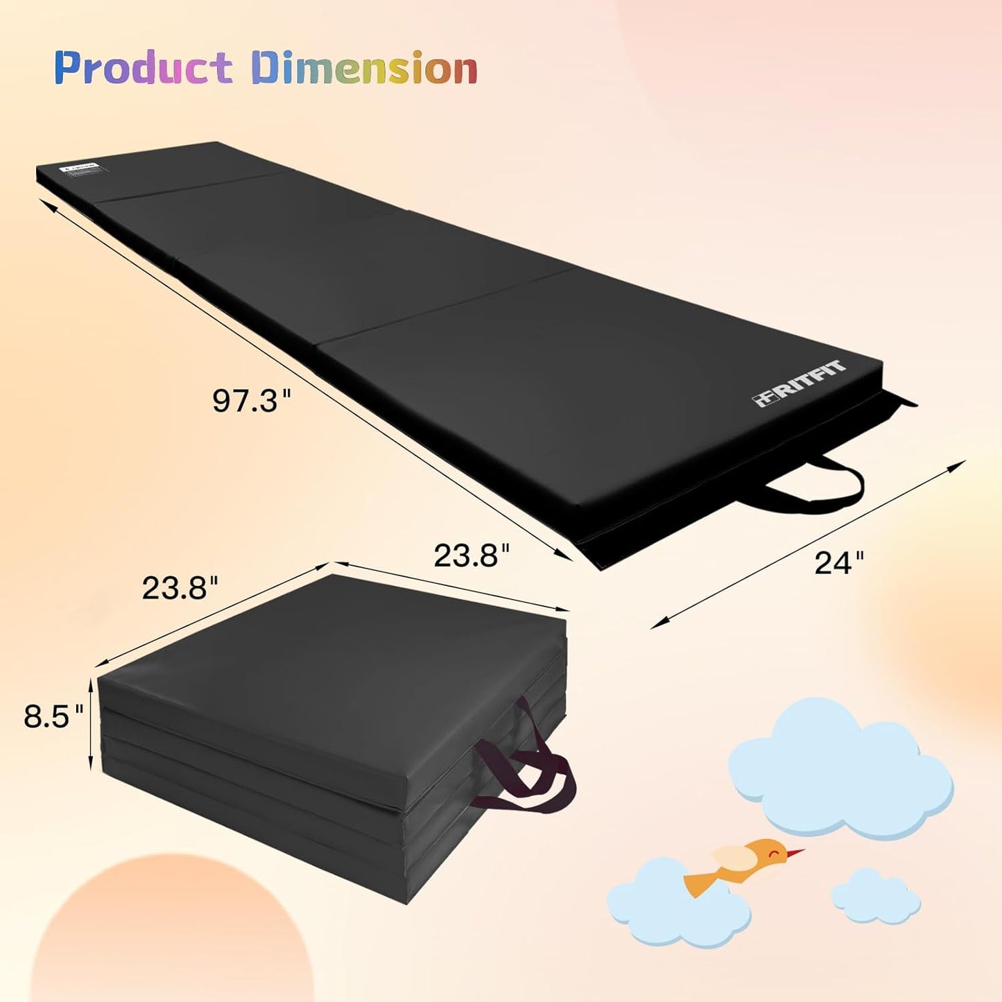 RitFit Folding Exercise Mat - 2 Inch Thick Gymnastics Mat with Carrying Handles | Sizes 3’x6’, 4’x8’, 4’x10’, 2’x8’ for Yoga, MMA, and Home Gym