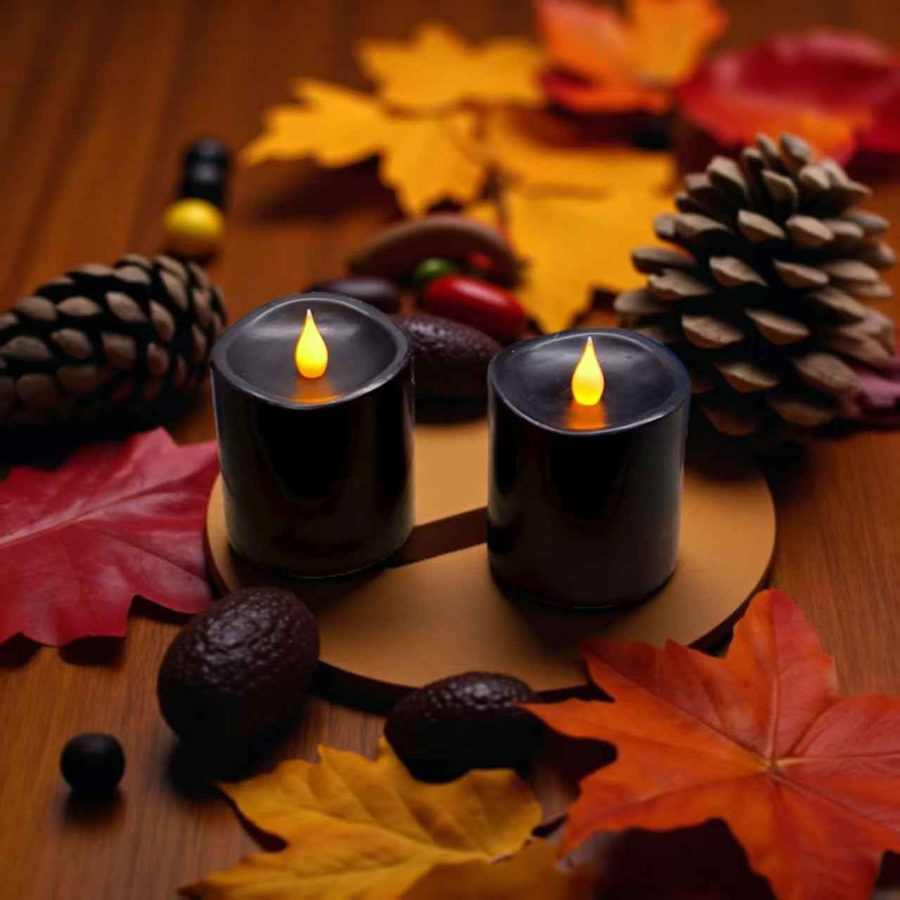 Black Flameless LED Candles 3 inch Diameter Real Wax 2AA Battery Operated 600hr+ Flickering Candles with Timer Remote Control for Halloween Thanksgiving Christmas Indoor (Black, 3″×3″- 2 PCS)