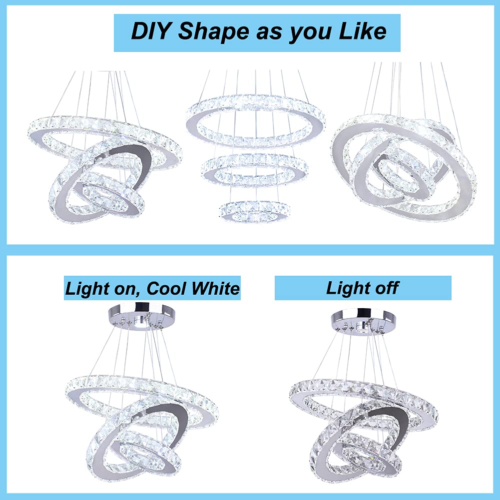 xychfantligh Modern 3 Ring Round Crystal Chandelier Adjustable Stainless Steel Pendant Lighting LED Crystal Ceiling Light Fixture for Living Room Dining Room Bedroom (Cool White)