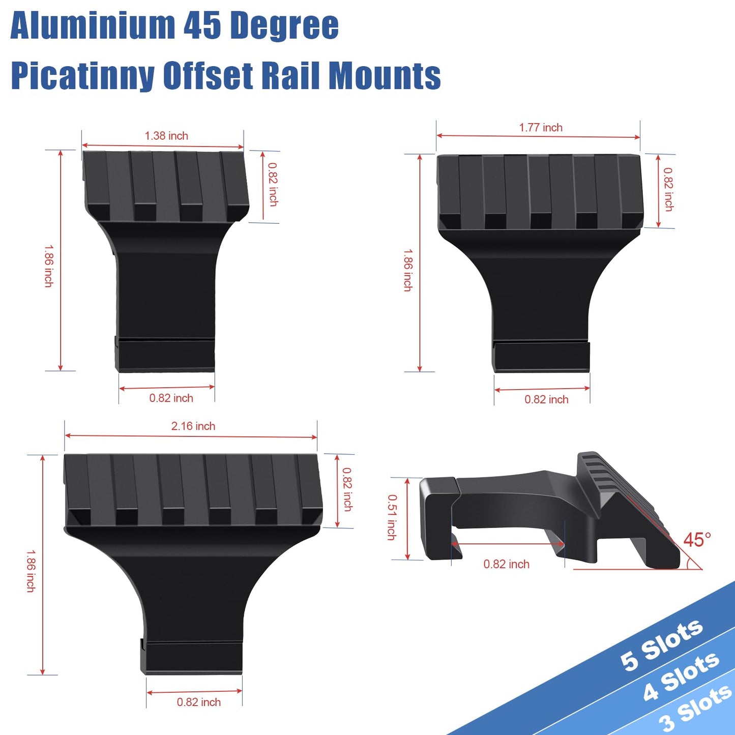 LONSEL 45° Picatinny Offset Rail Mount, 3 4 5 Slots 45 Degree Offset Picatinny Rail Mounts Aluminum Low Profile Adapter for Flashlight Laser Sight Optics (4 Slot - 2 Pack)