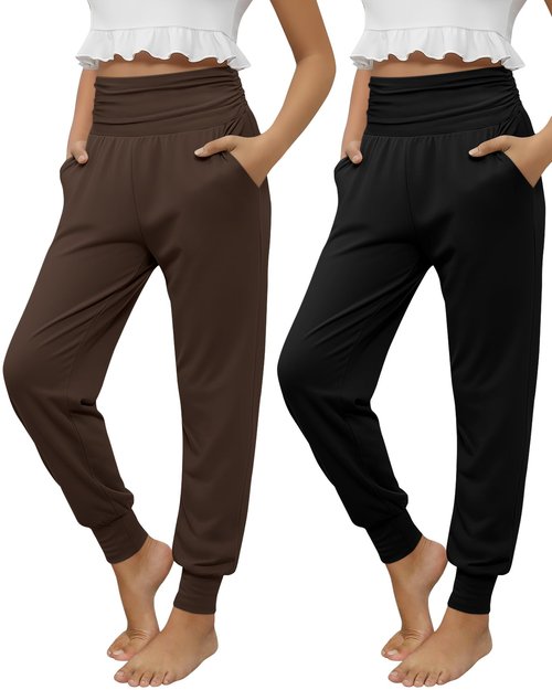 LessonZoo 2 Pack Girls' Joggers with Pockets Lightweight Workout Sweatpants High Waisted Casual Pants Soft Athletic Yoga Pant(11-12 Years,Black, Brown)