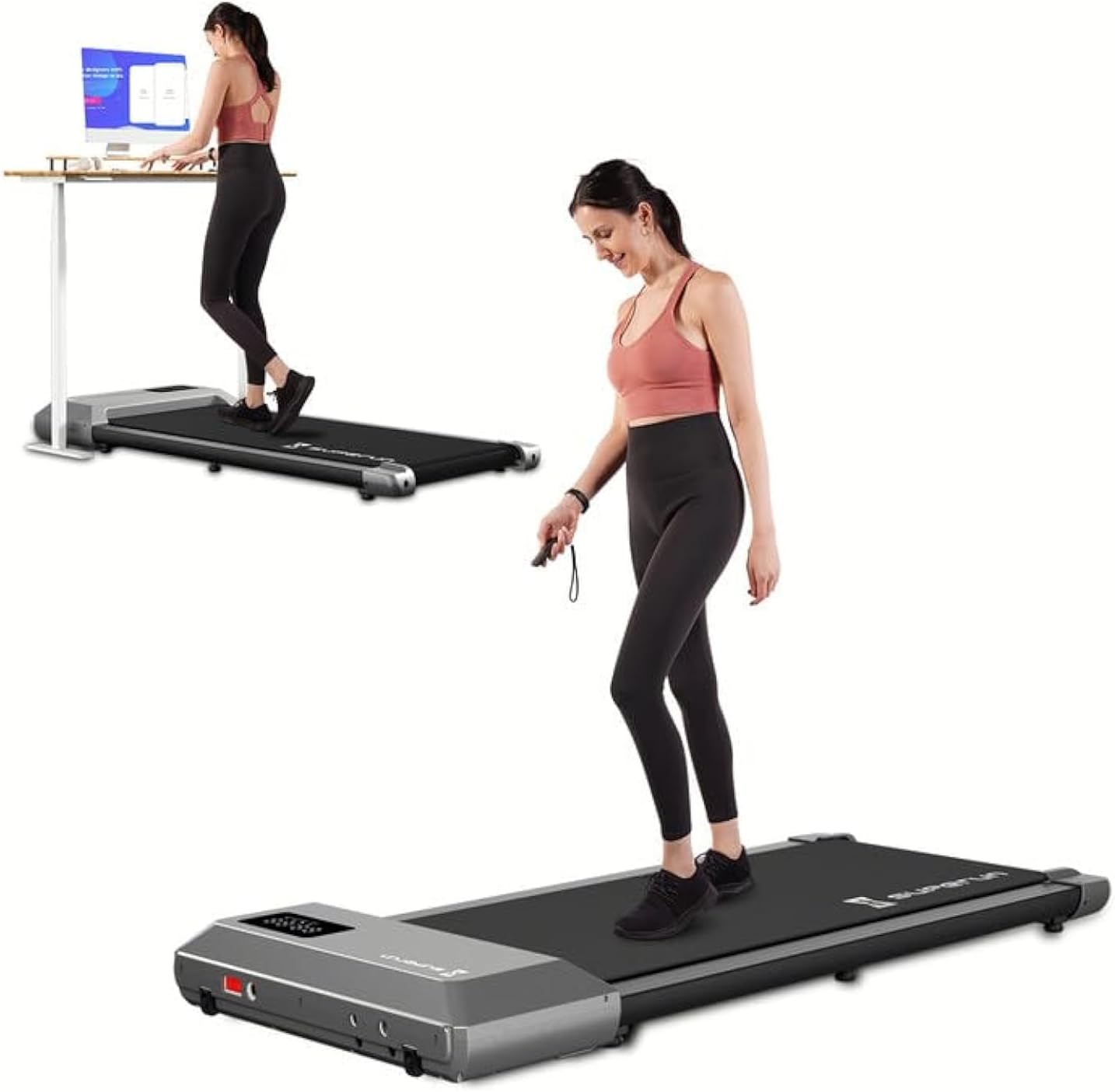 Superun 2 in 1 Walking Pad - Portable Under Desk Treadmill with 300lbs Capacity & LED Display for Home/Office