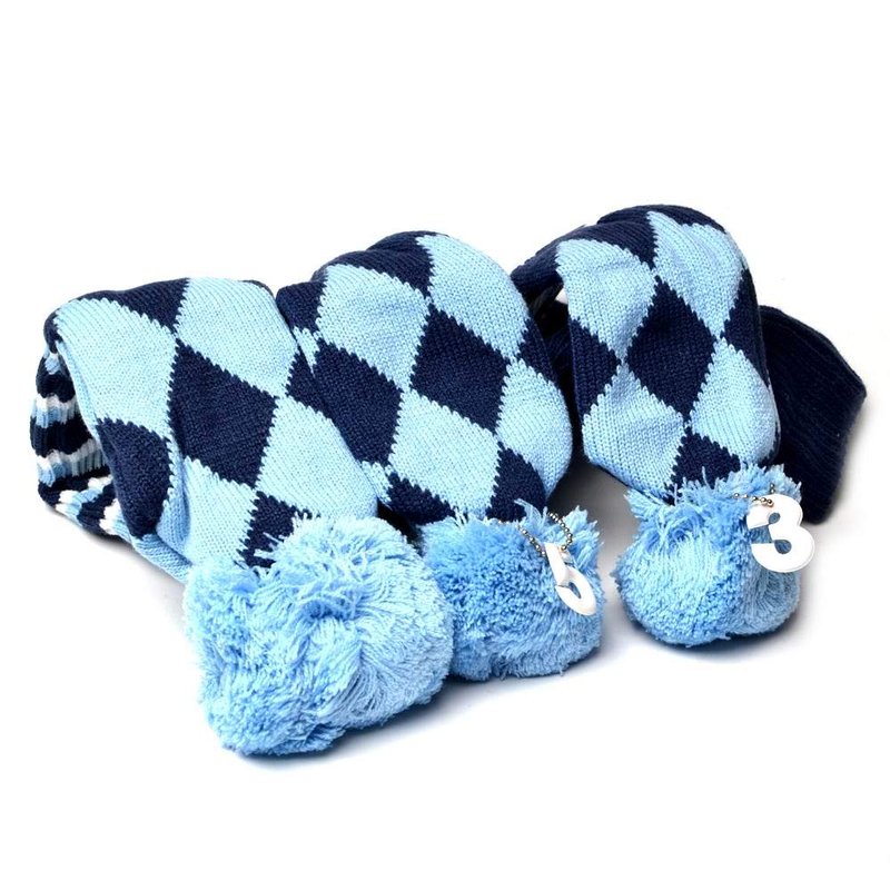 PLUSKER Golf Head Covers 3PCS Set Navy Blue - Double Strength Knit Long Neck Pom Pom Design for Driver #3#5 Fairway Woods