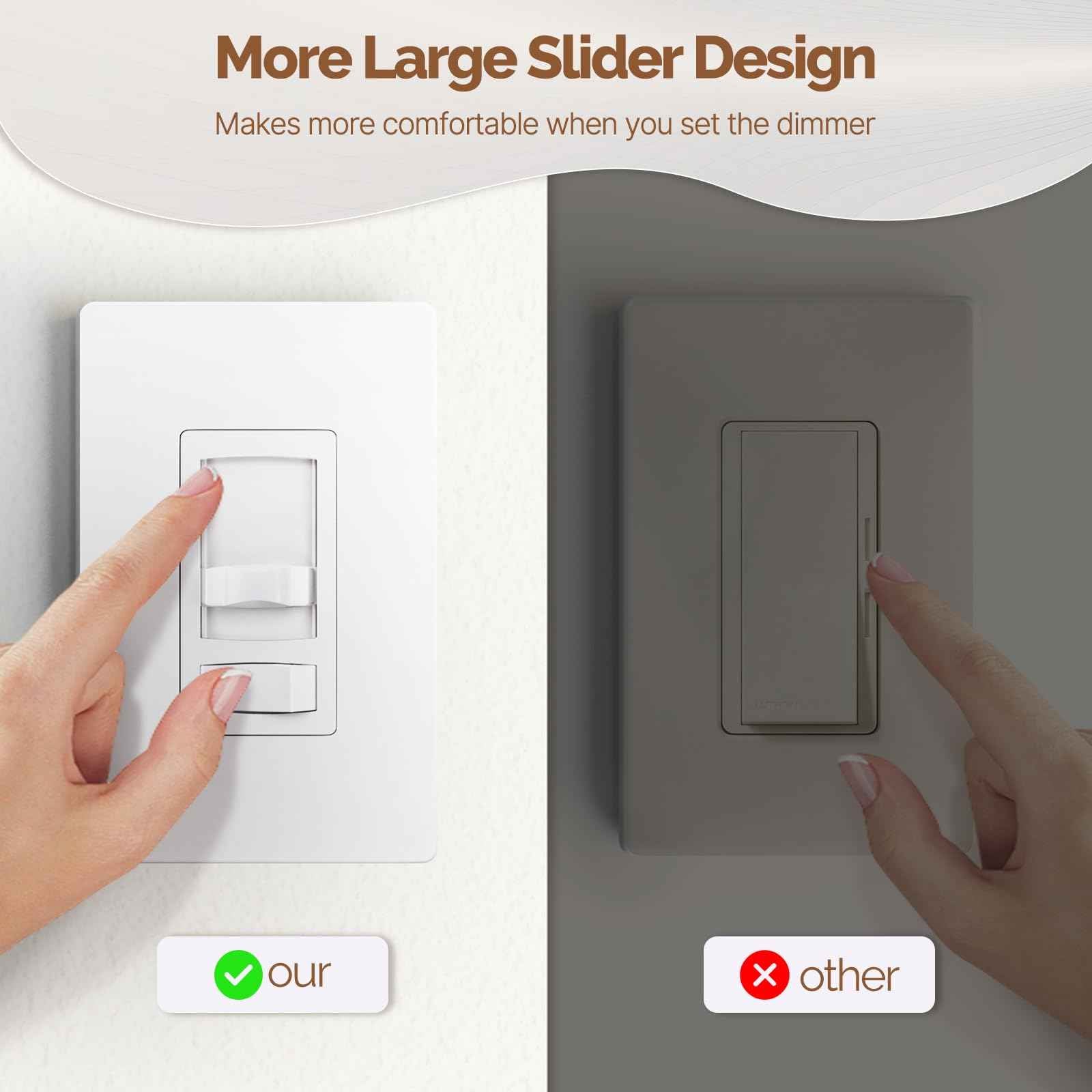 MOES Dimmer Light Switches 10pcs, 3 Way & Single Pole Dimmable Switch for LED,CFL,Incandescent,Halogen, 600Watt Max, ON/Off Switch with Dimming Slide, No Neutral Wire Required