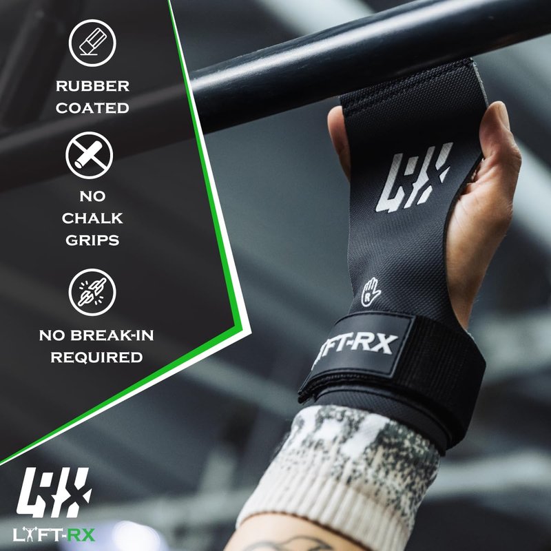 LYFT-RX Valiant Grips, Rubber Coated, No-Hole Fingerless Hand/Palm Grips w/Heavy-Duty Wrist Strap, Non-Slip, No Chalk Needed, for Weightlifting, Gym, Cross Fitness, Pull-Ups, Gymnastics, Size Medium