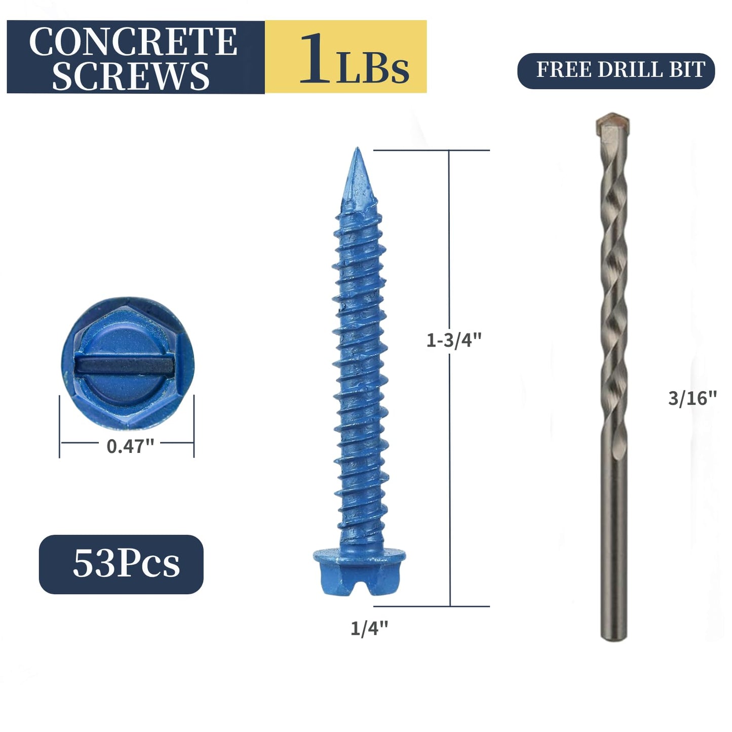 Krysay 53Pcs 1/4 x 1-3/4 in Concrete Screws with Drill bits,Masonry Screws for Concrete Assortment Kit,Hex Head Block Cement Stacoo Screws and Anchors,Diamond Point,Blue Coated(1LB)