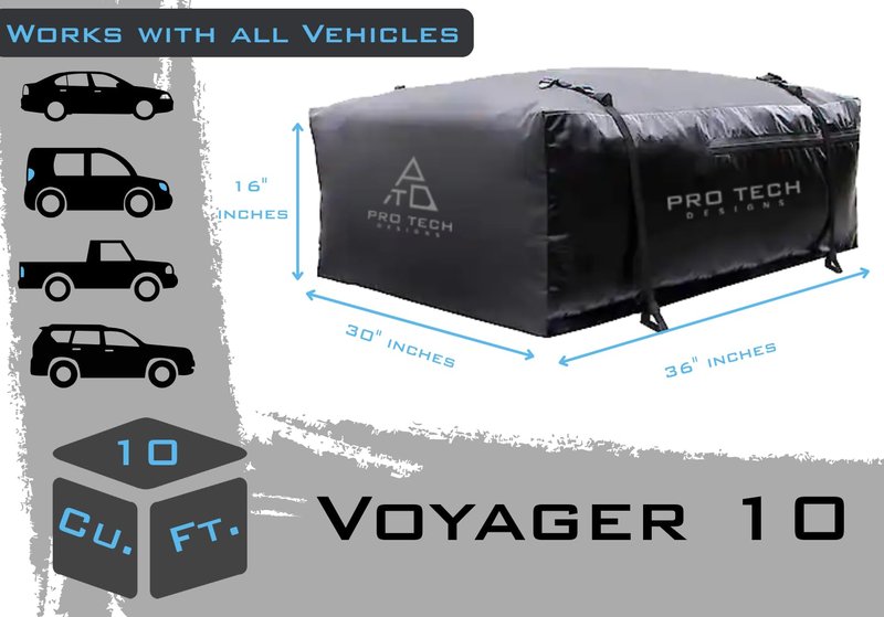 Voyager 10 Cubic Feet Waterproof Rooftop Cargo Roof Bag, No Roof Rack Needed UV-Protected PVC Semi-Coated Mesh, Welded Seams, Water Seal Zipper 36" L x 30" W x 16" H