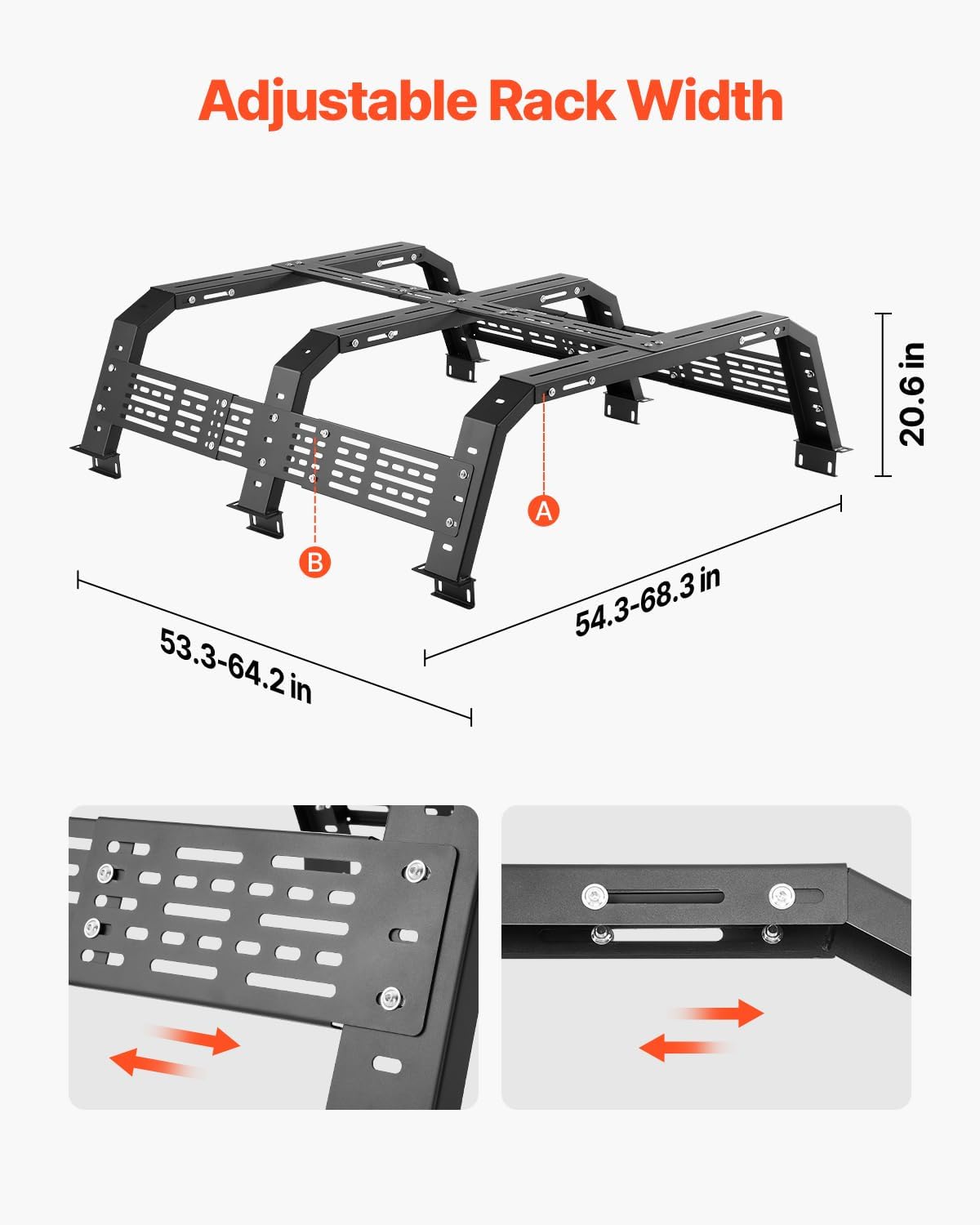 VEVOR Overland Truck Bed Rack - Adjustable Cargo Rack with Sidebar | 54.3-68.3 in Width, 900 lbs Capacity