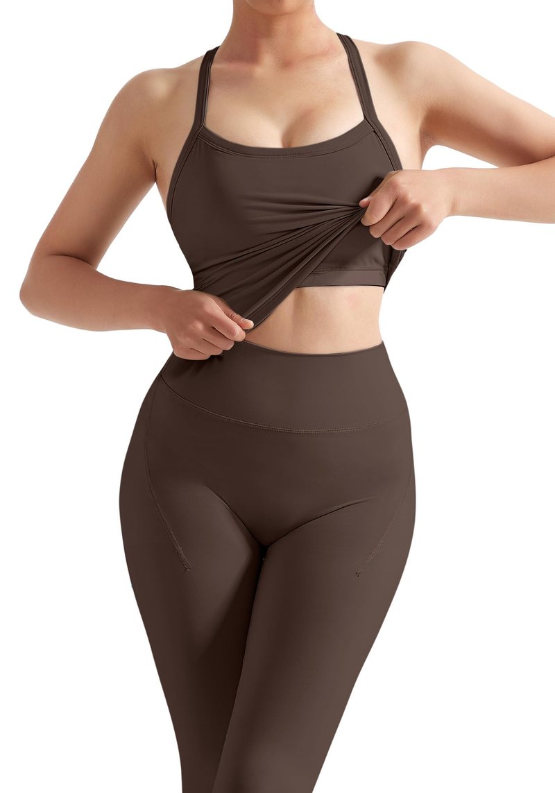 SUUKSESS Women 2 Piece Workout Sets Compression Tummy Control Leggings with Pockets Halter Built in Bra Tank Tops Sports Bra Scrunch Booty Lting Yoga Pants (Brown, XL)
