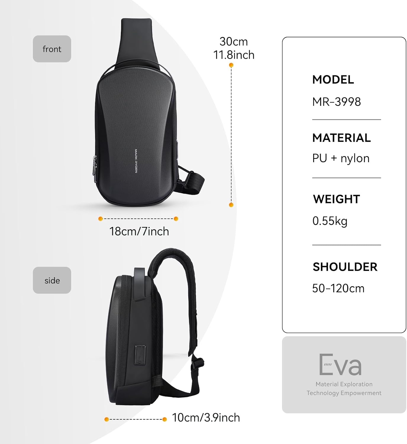 MS Mark Ryden Hard Shell Sling Backpack - Water Resistant Crossbody Bag with USB Charging Port for Travel & Gym