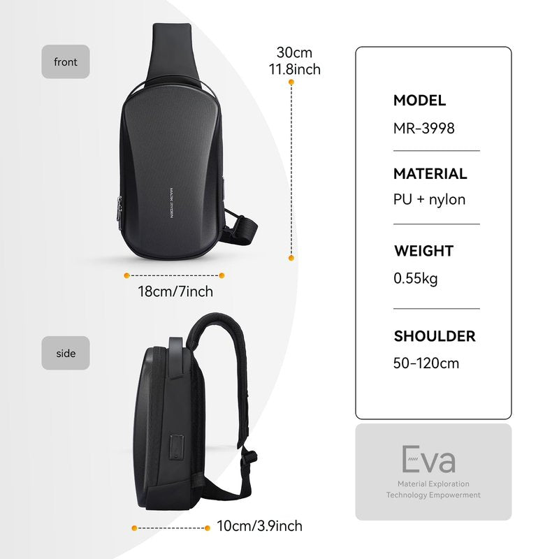 MS Mark Ryden Hard Shell Sling Backpack for Men, Water Resistant Crossbody Backpack with USB Charging Port, Chest Bag for Travel, Gym