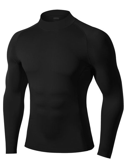 Roadbox Men's Compression Shirt, Mock Turtleneck Long Sleeve Undershirt, Quick Dry Athletic Base Layer for Sports and Workout Black
