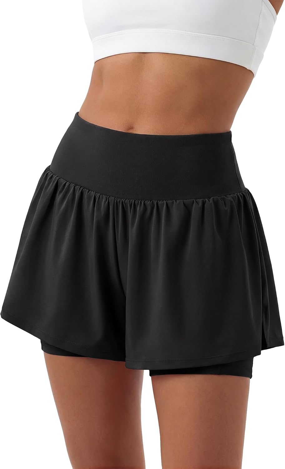 Stelle Women’s 2-in-1 Running Shorts - Flowy High-Waisted Athletic Gym Shorts with Pockets