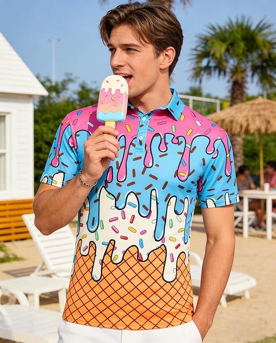 Uideazone Men's Funny Golf Polo Shirt Dry Fit Short Sleeve S-2XL Ice Cream Edition XXL