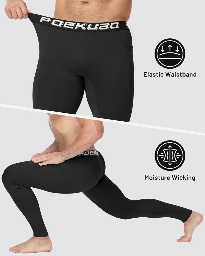Poekuao 2 Pack Mens Running Tights Sports Workout Leggings with Pockets Breathable Athletic Base Layer for Gym Basketball Black/Black XL
