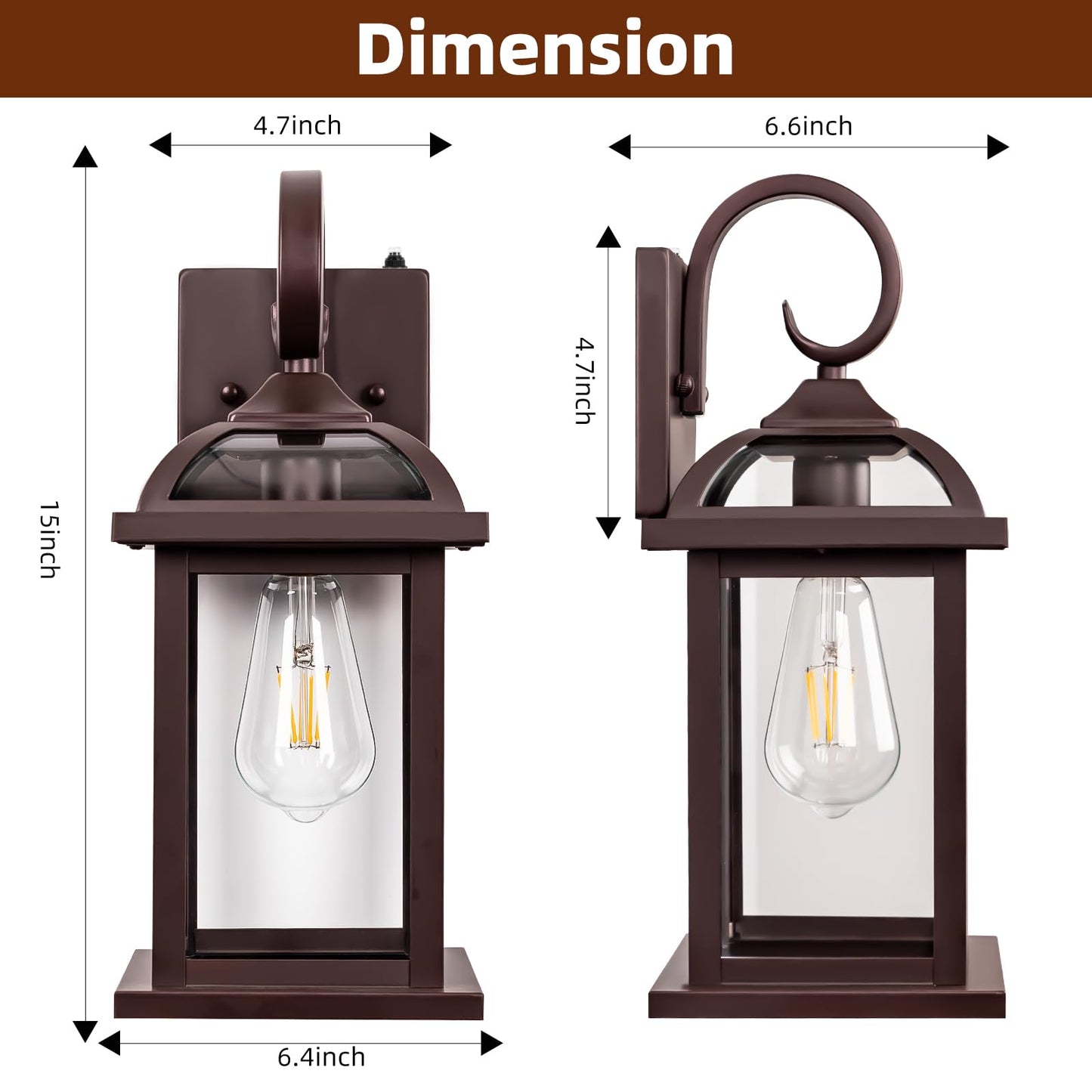 Roravilila Dusk to Dawn Outdoor Lighting Oil Rubbed Bronze 2-Pack, 15 Inch Aluminum Anti-Rust Front Porch Lights with IP65 Clear Tempered Glass Exterior Light Fixtures for House Brown Carriage Lights