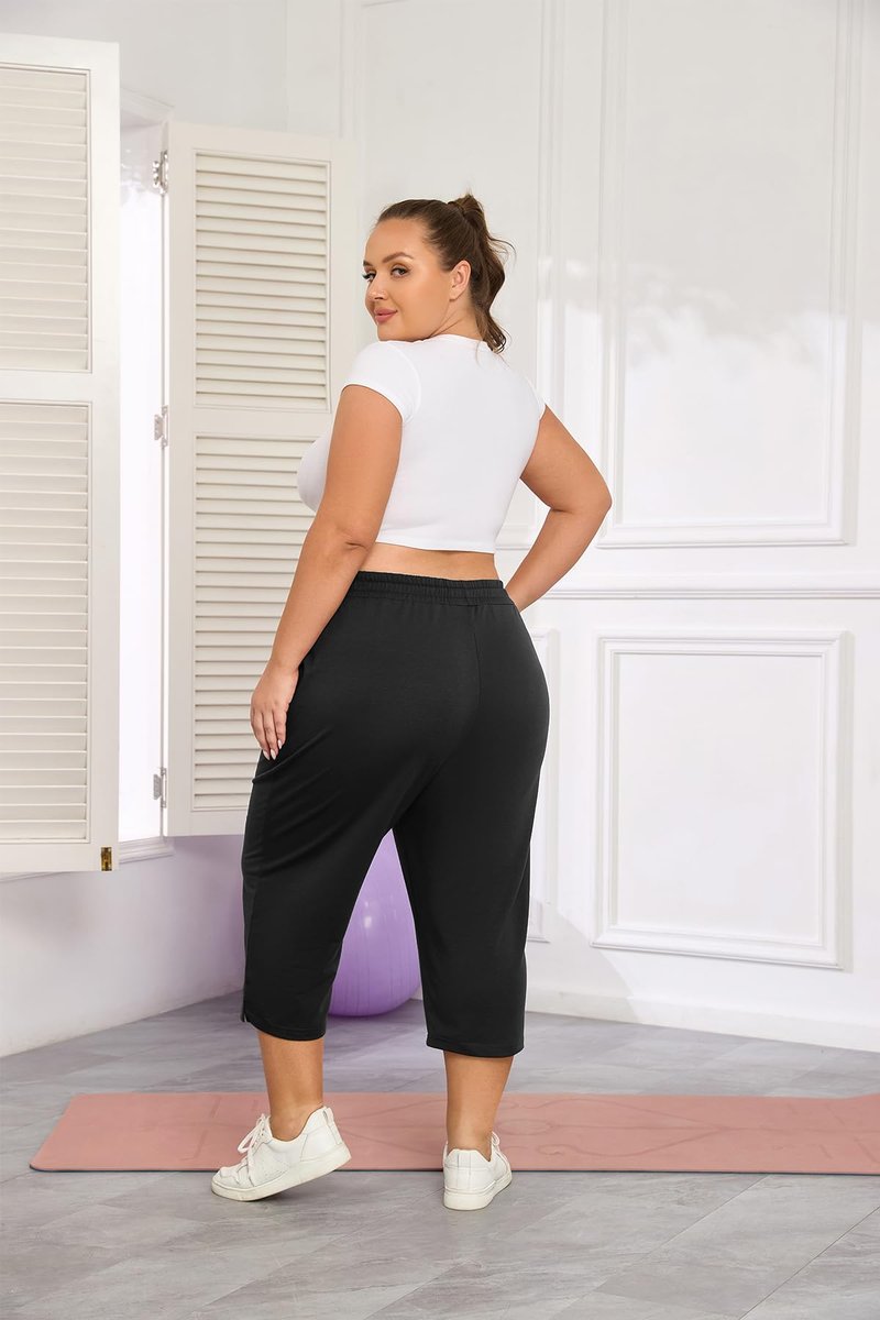 ForHailey Plus Size Capri Pants for Women Wide Leg Loose Yoga Pants with Pockets Casual Drawstring Activewear Sweatpants Black XX-Large