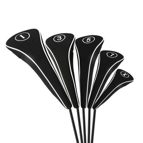 Golf Club Head Covers with Zipper - Balck Golf Club Covers for Woods and Driver Fairway Hybrids, Golf Accessories Headcovers Set (Black 1 3 5 7 X)