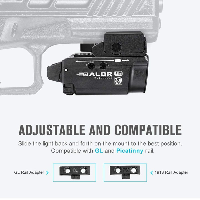 OLIGHT Baldr Mini 600 Lumens Rechargeable Weaponlight with Green Beam and White LED Combo, Magnetic USB Compact Tactical Flashlight with Adjustable Rail for G19, G45, Sig P320, and so on(Black)