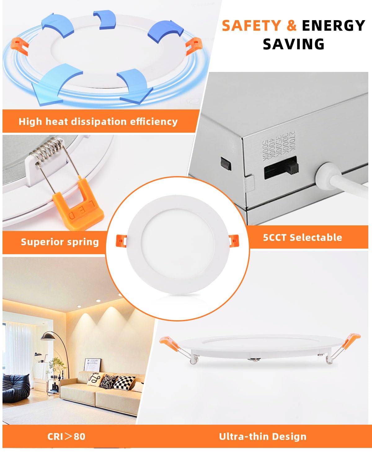 ZYC Recessed Lighting 6 Inch - 12W Ultra-Thin LED Ceiling Lights,2700-5000K Selectable,5CCT Dimmable Canless Wafer Downlight,1100LM Hight Brightness,Dimmable Can Light,Pack of 12 White.