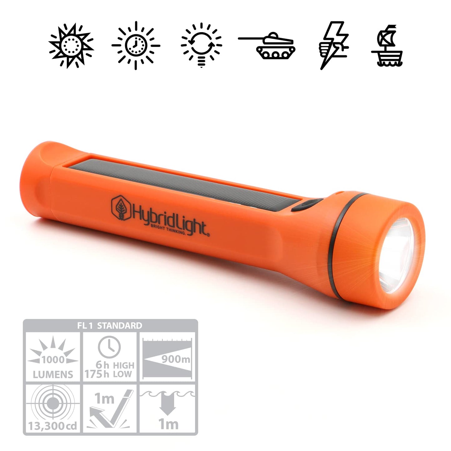 HYBRIDLIGHT Journey 1000 Solar LED Waterproof Flashlight with Micro USB Port, Orange