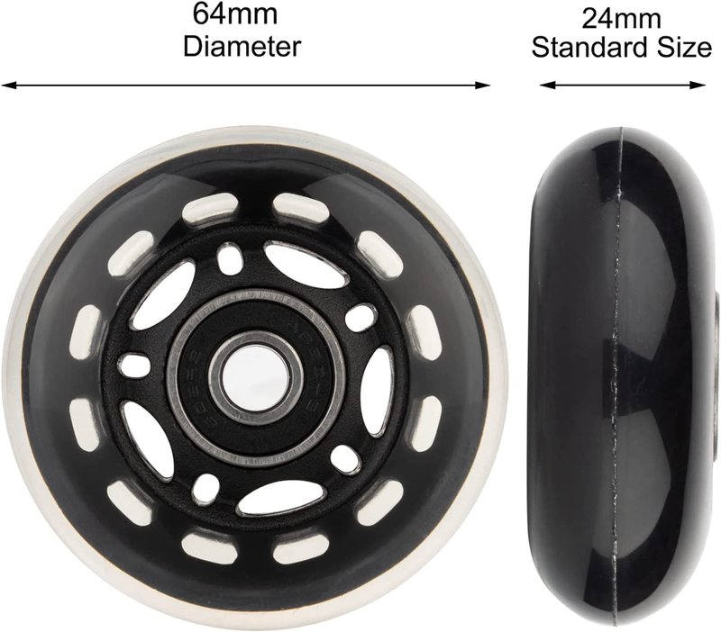 AOWESM 64mm Inline Skate Wheels 82a w/Bearings ABEC-9 for Rollerblade, Pelican Storm Case, Roller Board Bag, Carry-on Luggage Suitcase, Water Rower Seat, Steady Rest Wood Lathe, etc (4 Pack) (Black)