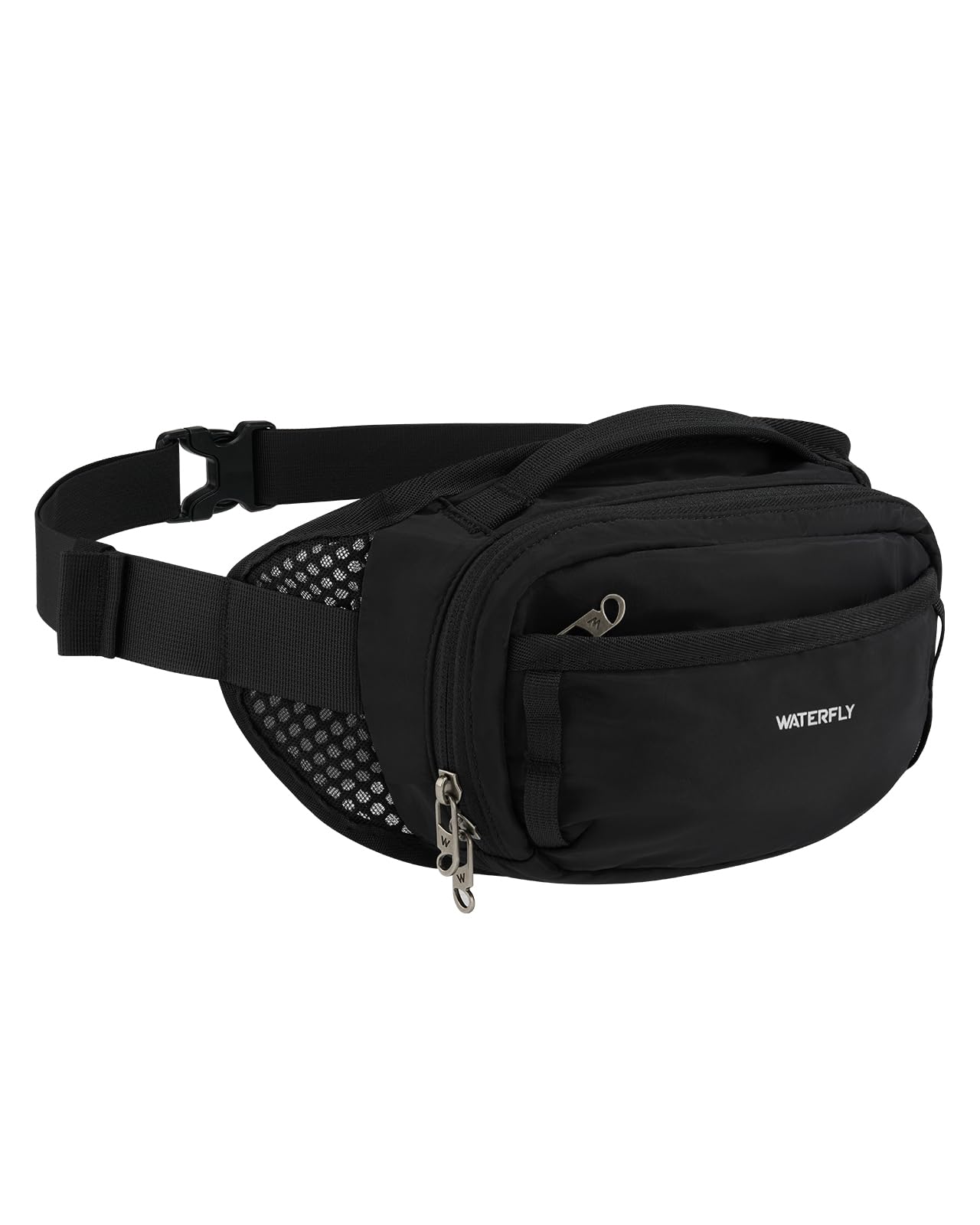 WATERFLY Fanny Pack Waist Bag: 2.3L RFID Blocking Anti-Theft Crossbody Bags with Bellows-Style Opening, Breathable Casual Hip Pack for Women Men Traveling Walking Hiking-Black