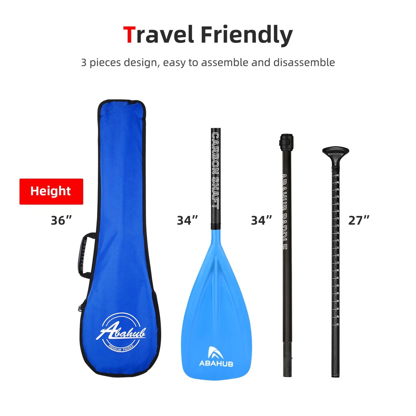 Abahub Carbon Fiber SUP Paddle 3-Piece,Adjustable 67-86" with Bag,Blue