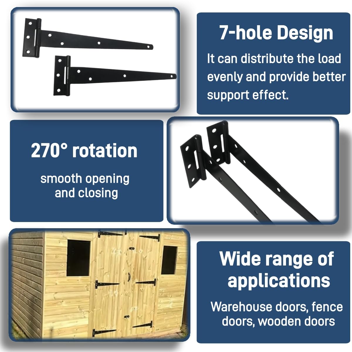 6PCS 10 inch T Gate Hinge Heavy Duty, Tee Barn Shed Door Hinges Outdoor, Strap Black Rustproof Bisagras para Puertas De Madera, Wooden Fence Yard