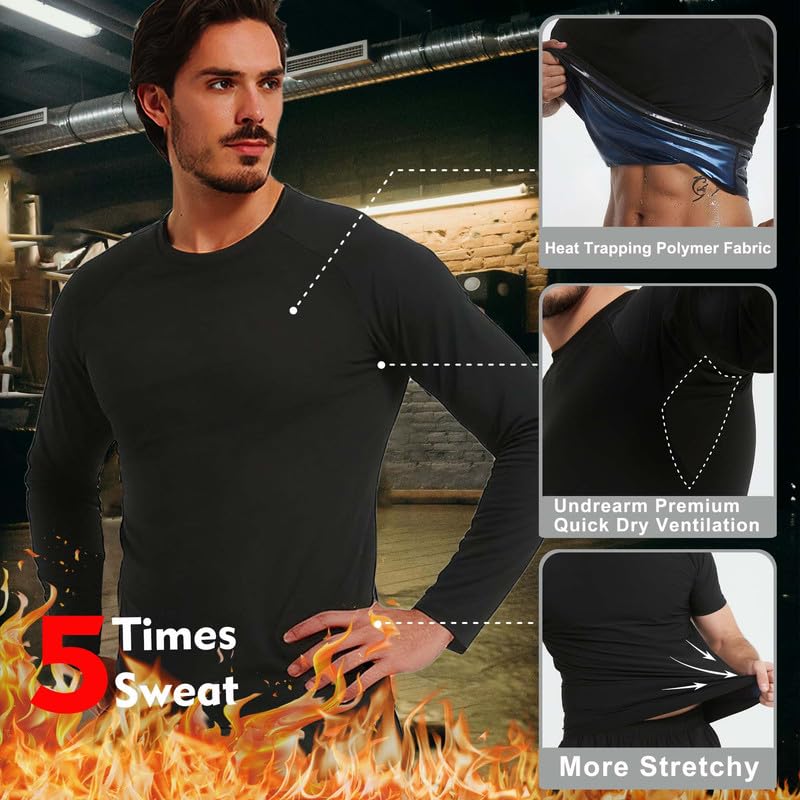 Men's Sauna Shirt - Long Sleeve Slimming Sweat Suit, Black Large