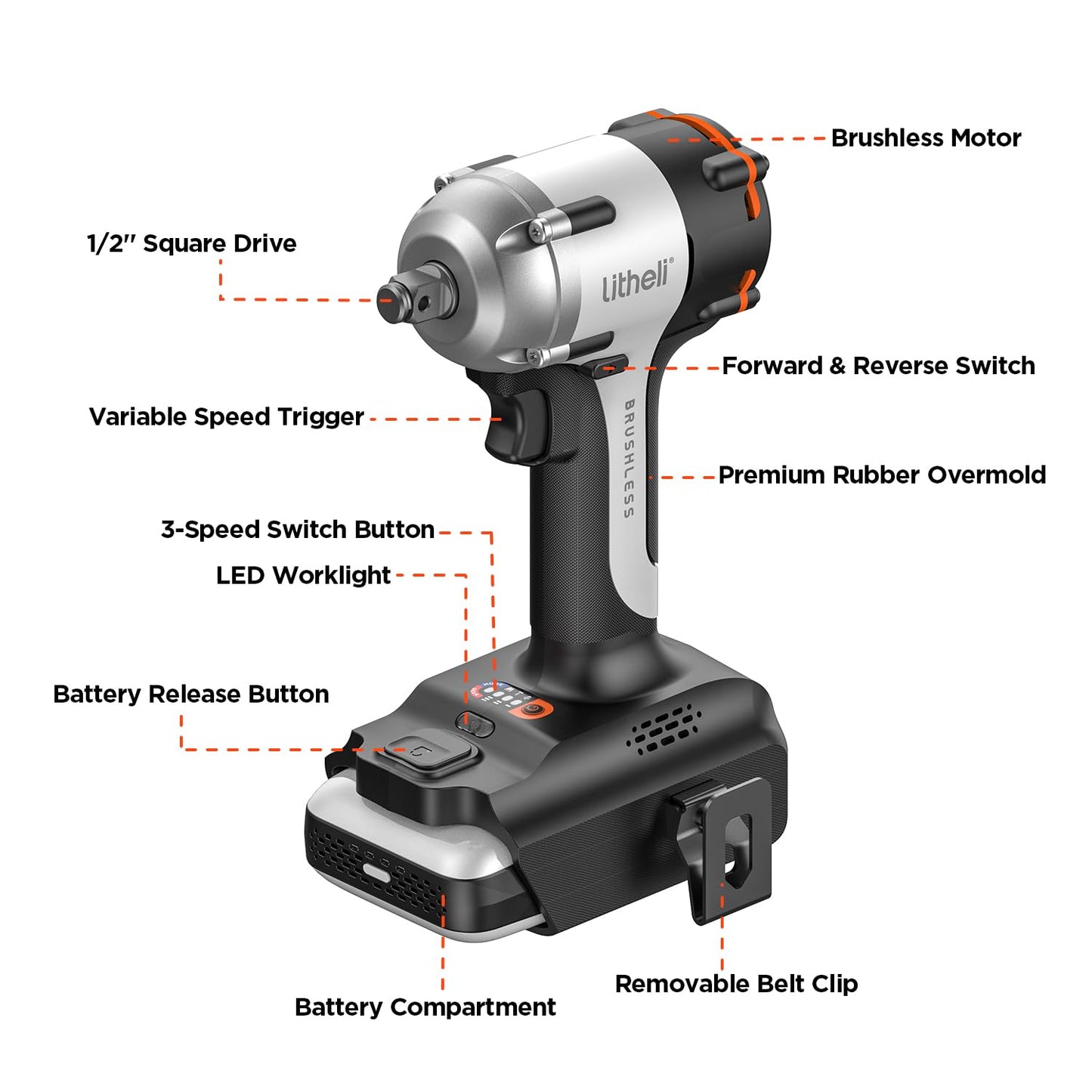 LiTHELi Cordless Impact Wrench, 1/2 Inch Hog Ring Brushless Impact Gun with 12,500 mAh Battery, Variable Speeds Impact Driver for Car Home, Charger not Included