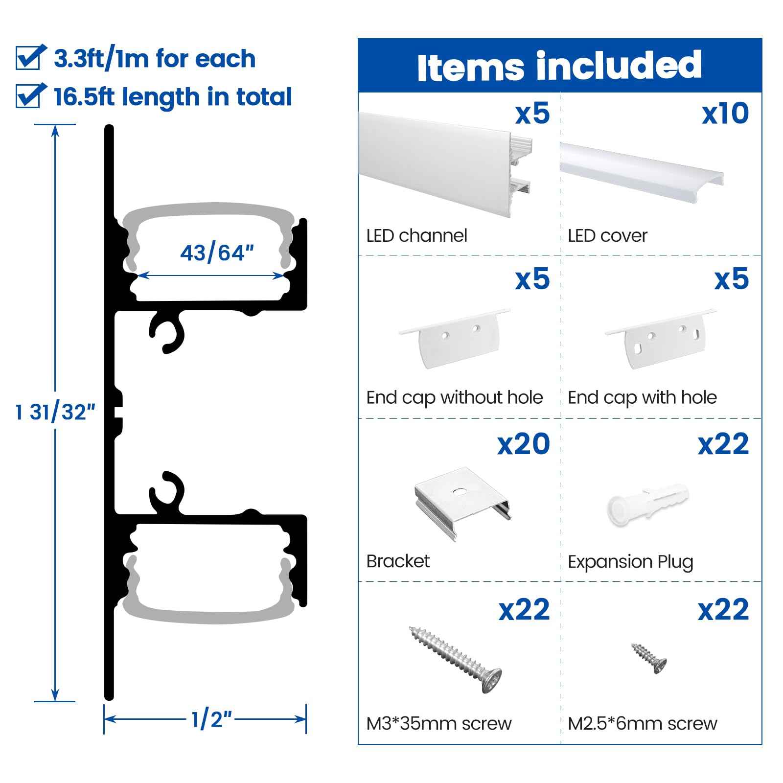 Muzata 5Pack 3.3FT/1M Wall Mount LED Channel U Shape LED Strip Diffuser Channel Silver Aluminum with Milky White Cover U124 WW 1M