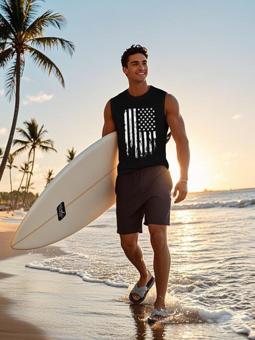 Indoner Mens Patriotic Tank Tops Graphic Sleeveless Shirts Workout Tanks for Men Summer Hawaiian Vacation Muscle T-Shirt Black