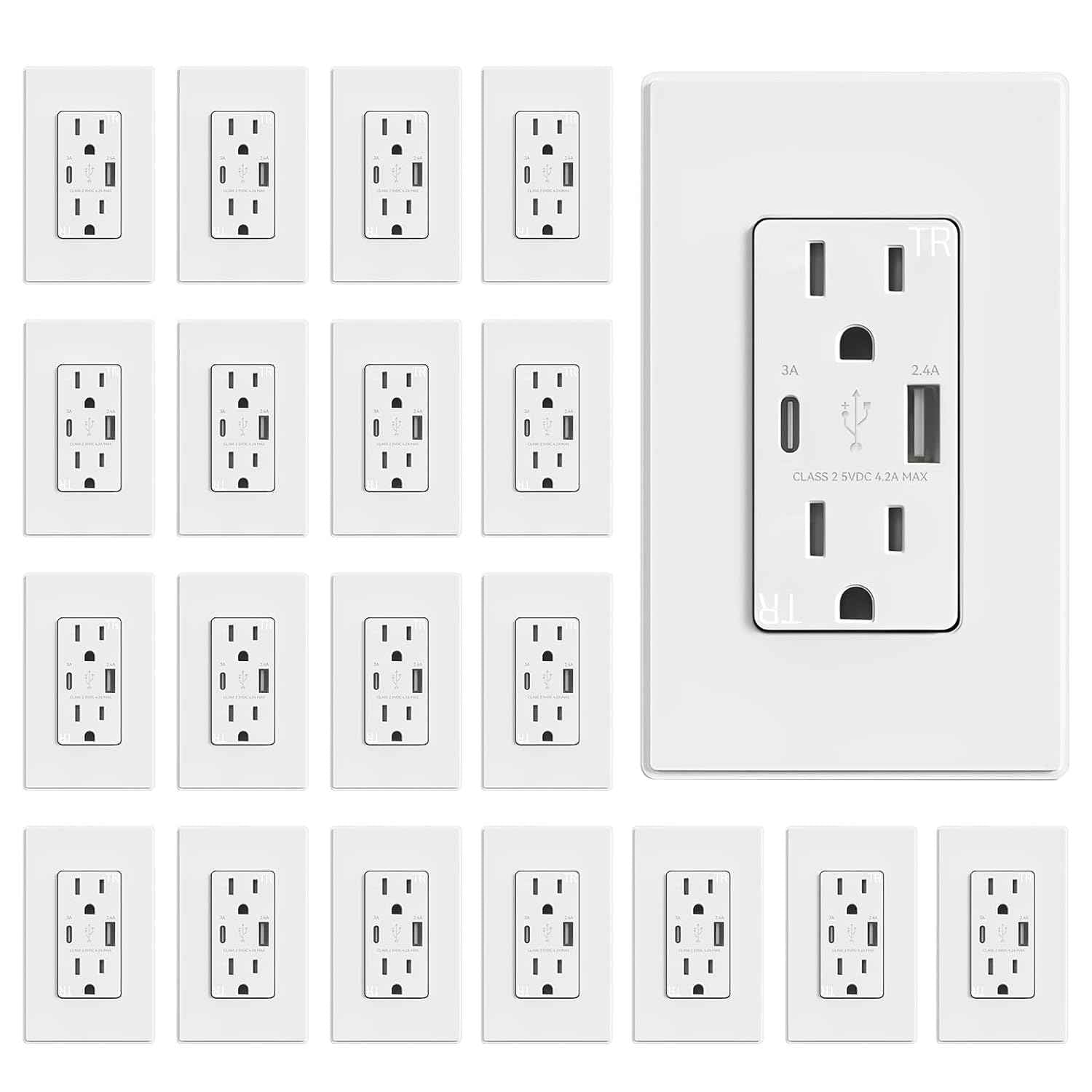 USB Wall Charger Outlet with A & C Ports - 15A Tamper Resistant, UL Listed, 6 Pack, Light Almond