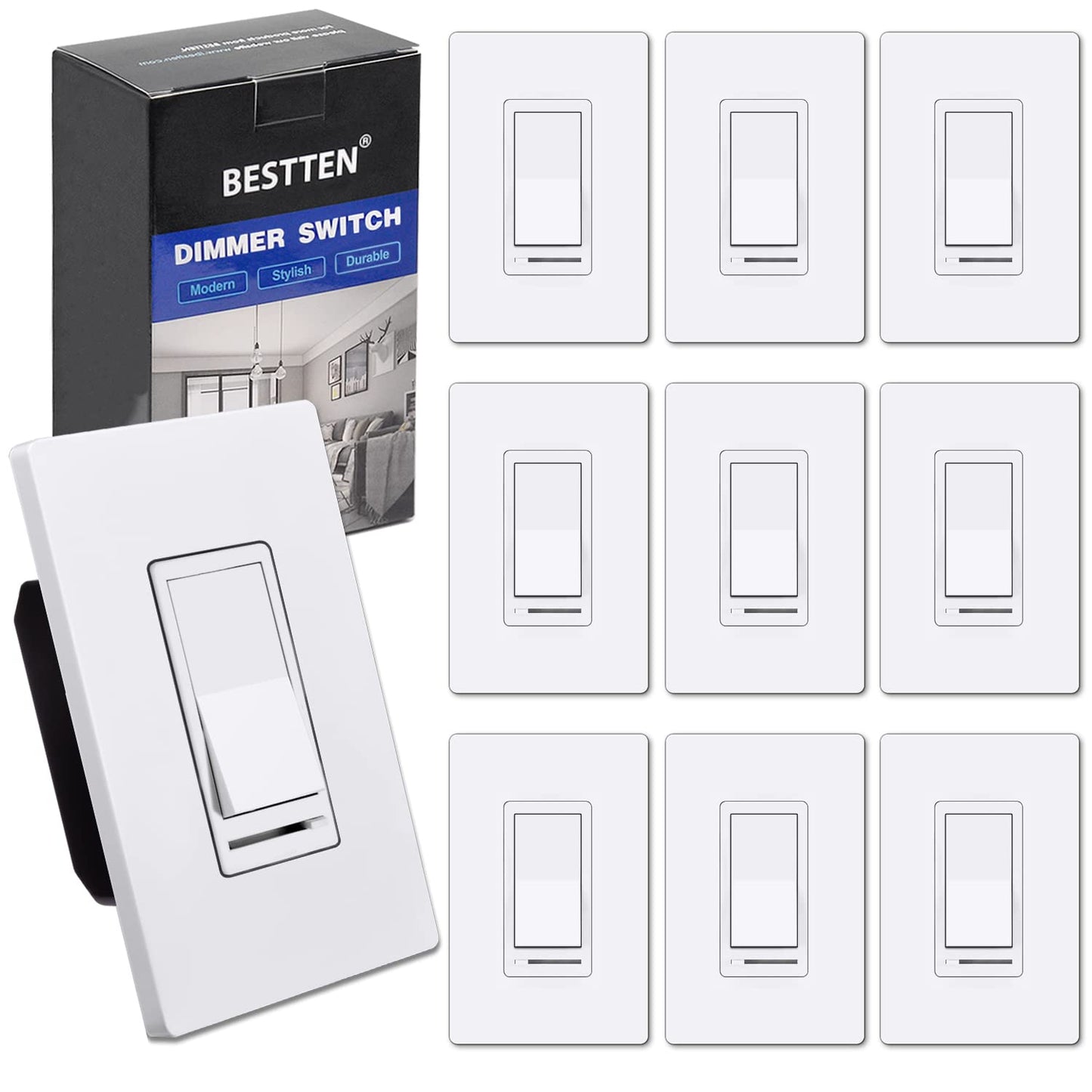 BESTTEN 10 Pack Dimmer Light Switch, for LED Dimmable Lamp, CFL, Incandescent, Halogen Bulb, Single Pole or 3-Way LED Slide Dimmer Switches, Screwless Wall Plate Included, UL Listed, White