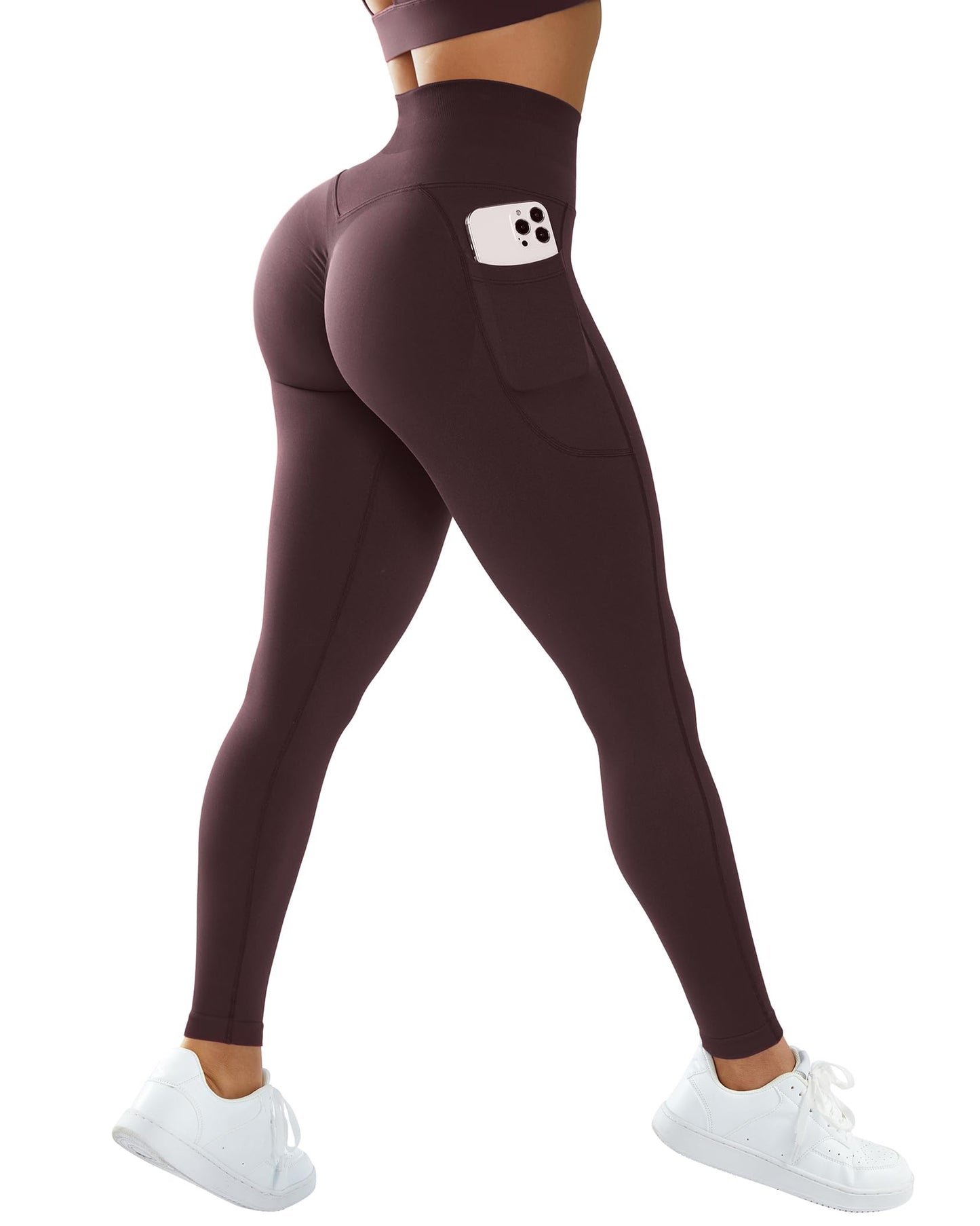 OMKAGI Women Scrunch Butt Lifting Leggings with Pockets Compression High Waisted Gym Workout Leggings(M,9-Coco Brown)