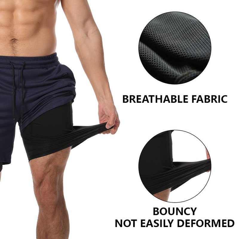JWJ 3 Pack Men's 2 in 1 Workout Running Shorts 7 Inch Lightweight Athletic Gym Shorts with Compression Liner Black Dark Grey Red L