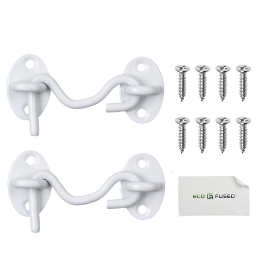Eco-Fused 3-inch Heavy Duty Hook and Eye Latch - 2X Barn Door Lock (White), 8X Mounting Screws - Powder Coated Stainless Steel Hooks for Door, Windows, Sheds, Fences, Gates, Closets, Cabinets