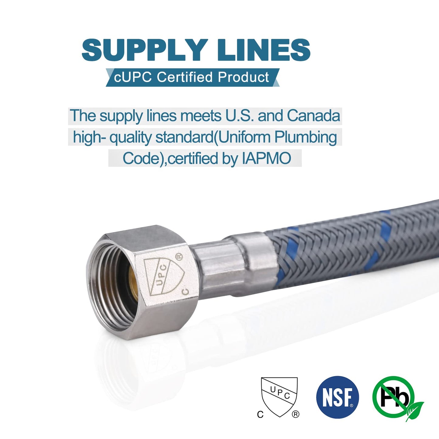 WOWOW 16" Length Faucet Supply Line, Bathroom Kitchen Faucet Lines Braided Nylon Sink Hose,cUPC Faucet Supply Lines 3/8" Female Compression Thread × M10 Male Connector 2Pcs (1 Pair)