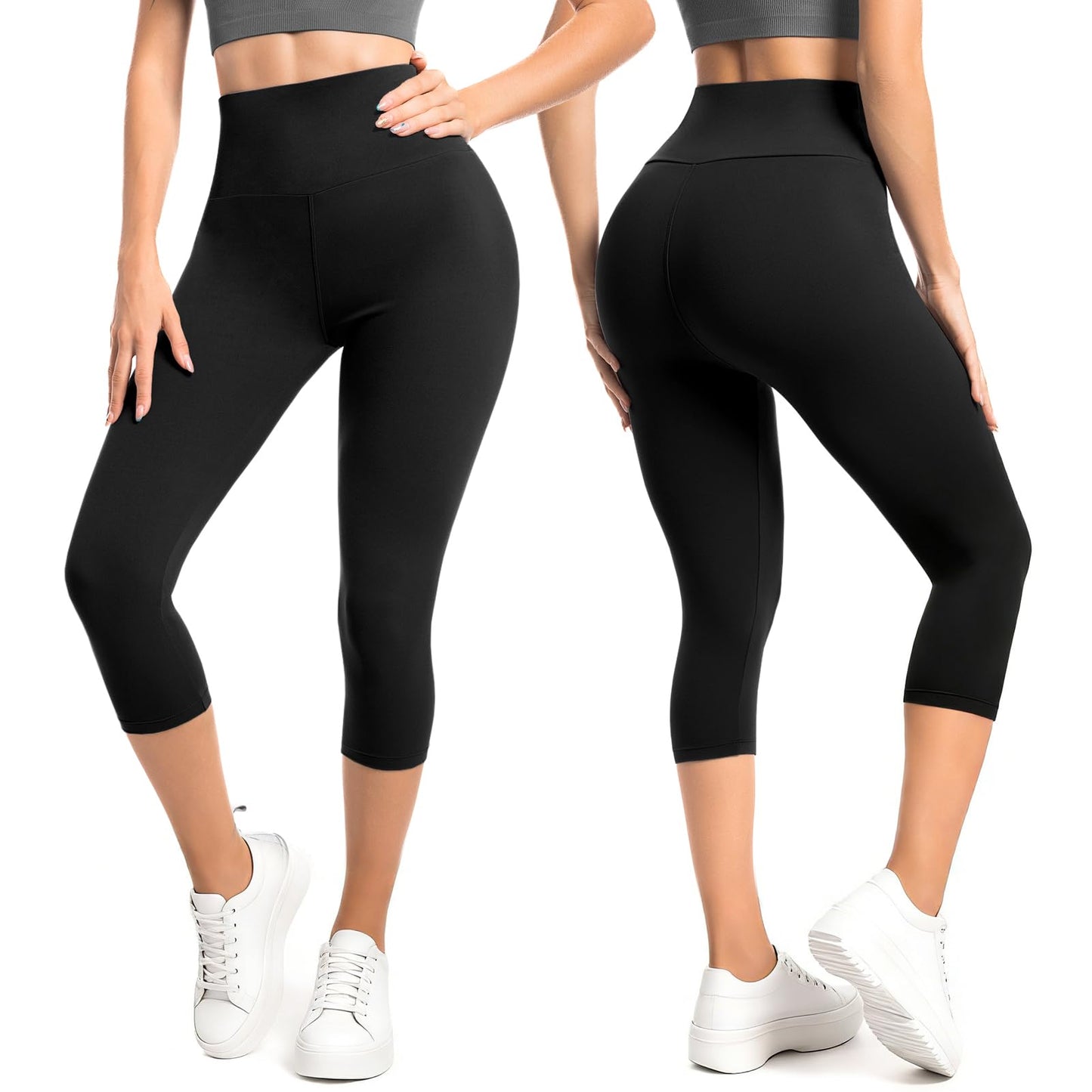 SINOPHANT Capri Leggings for Women - 2 Packs Buttery Soft Yoga Pants for Gym Athletic Black XXL