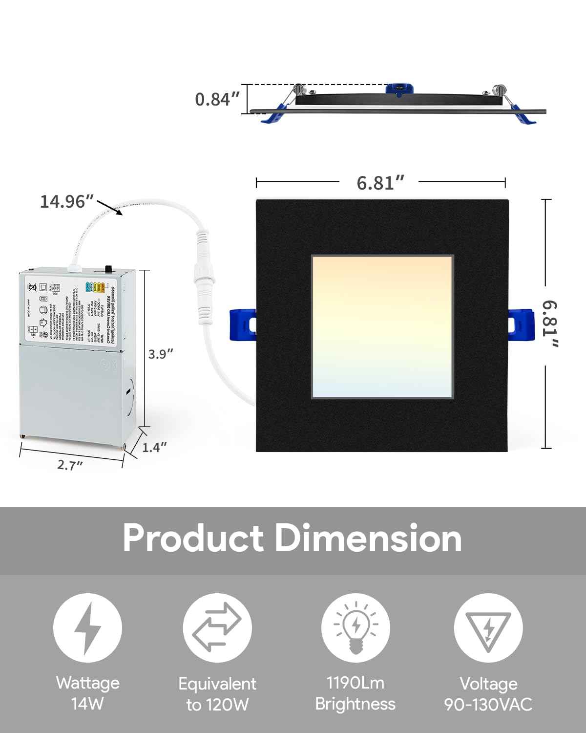 Adetu 6 inch Square Led Recessed Lighting Black,5CCT Ultra Thin Square Led Ceiling Light with Junction Box,14W 1190lm,2700K/3000K/3500K/4000K/5000K Dimmable Downlight,ETL and Energy Star Certified